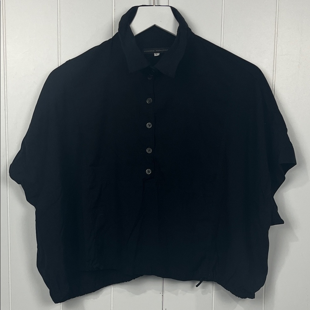 Lurdes Bergada Womens Blouse L Black 6 Button Close Collar Stretch Waist Boxy